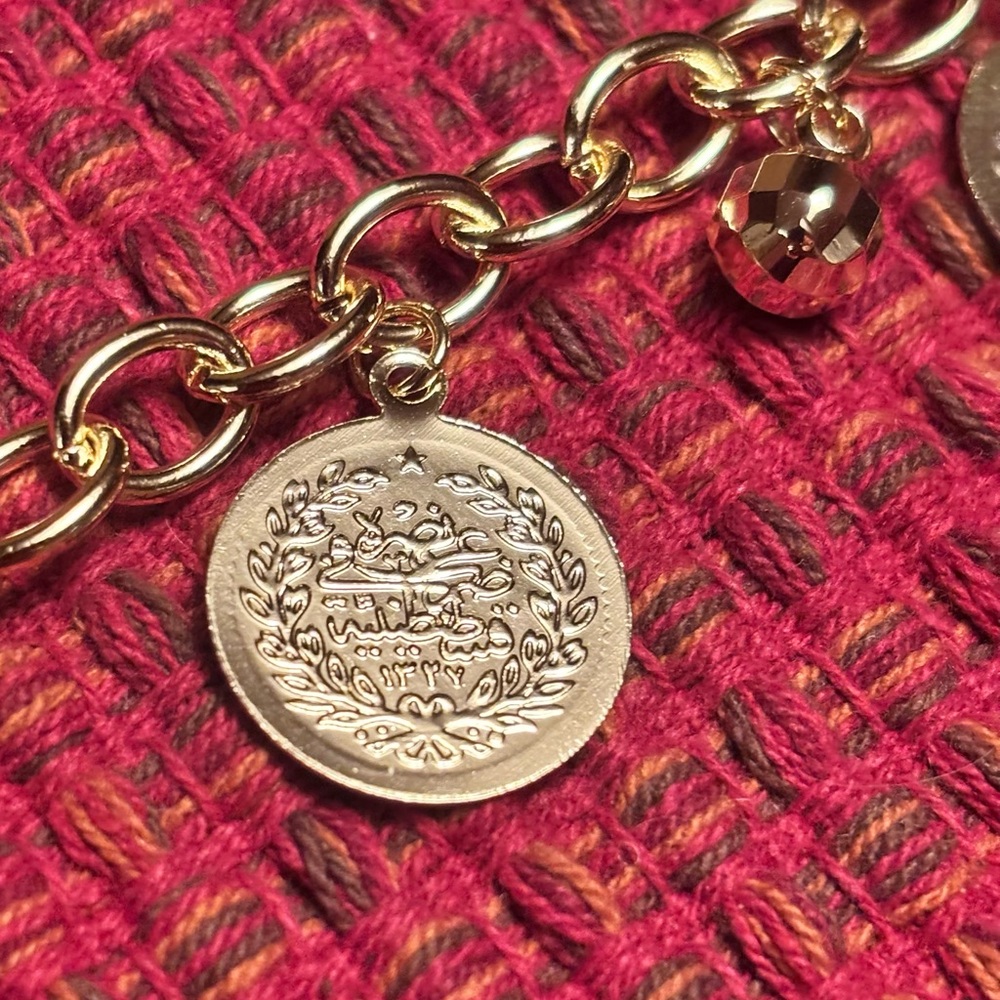 Coin Charm Bracelet with Beads - 18k Gold Plated - Picture 3 of 7